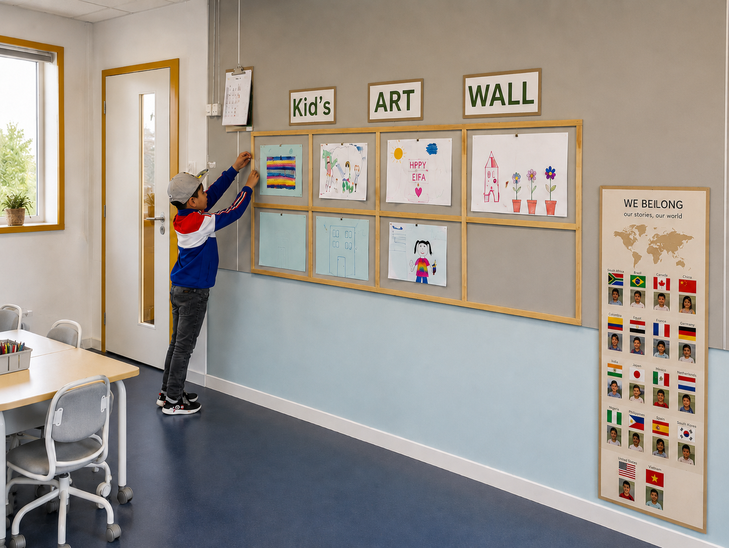 A wall displaying children's self-chosen artwork